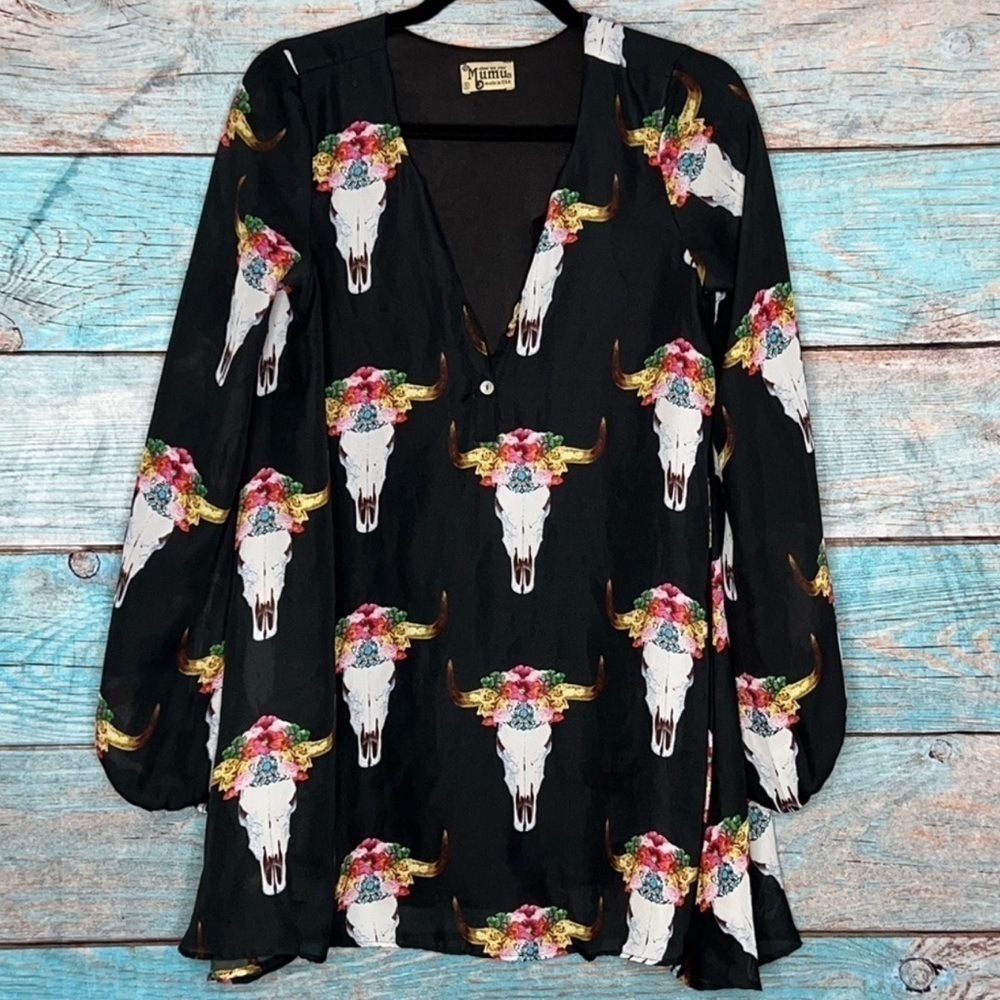 Show Me Your MuMu Tunic Top S Jamie Bull Floral Print Black Button